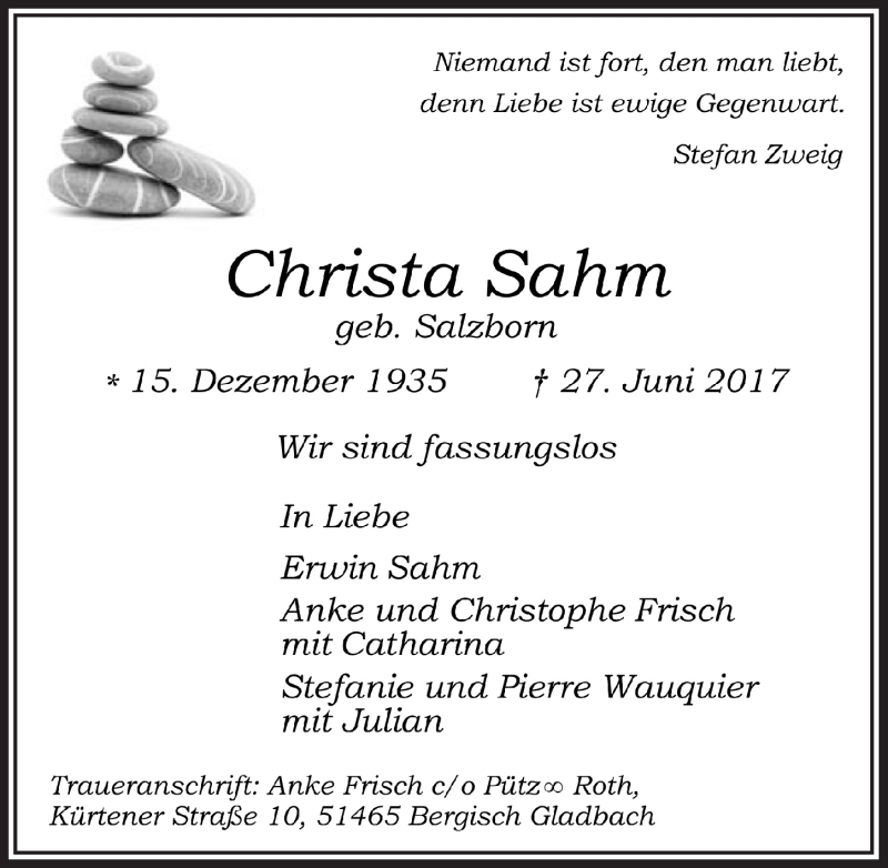  Traueranzeige für Christa Sahm vom 12.07.2017 aus  Extra Blatt 