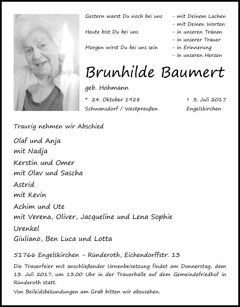  Traueranzeige für Brunhilde Baumert vom 07.07.2017 aus Kölner Stadt-Anzeiger / Kölnische Rundschau / Express