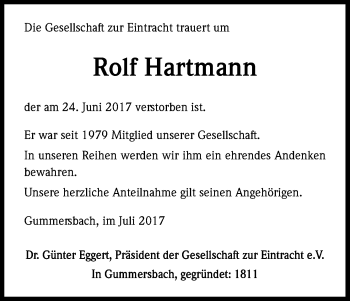 Anzeige von Rolf Hartmann von Kölner Stadt-Anzeiger / Kölnische Rundschau / Express