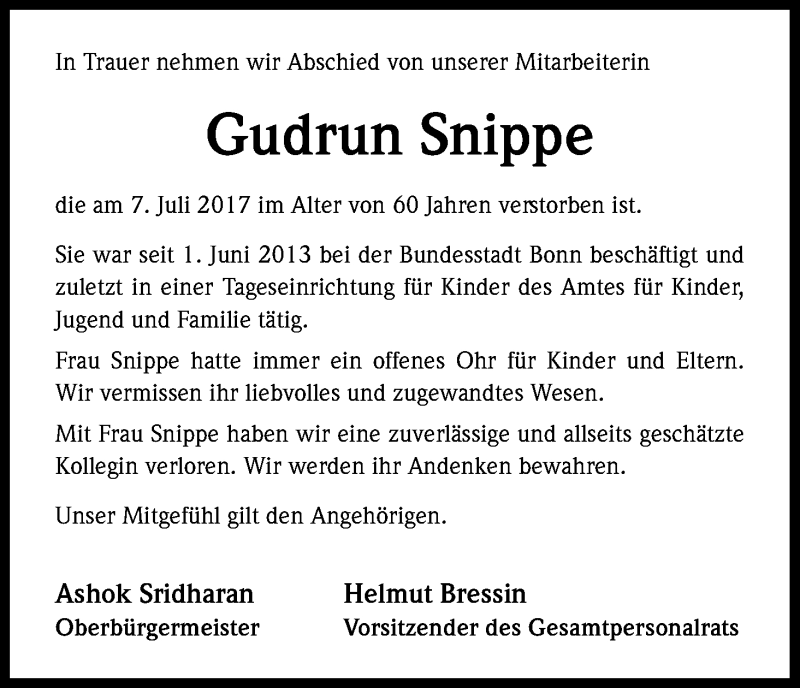  Traueranzeige für Gudrun Snippe vom 26.07.2017 aus Kölner Stadt-Anzeiger / Kölnische Rundschau / Express