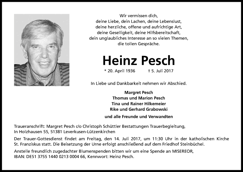  Traueranzeige für Heinz Pesch vom 12.07.2017 aus Kölner Stadt-Anzeiger / Kölnische Rundschau / Express