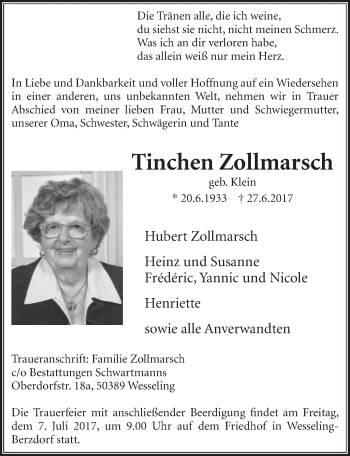 Anzeige von Tinchen Zollmarsch von  Schaufenster/Blickpunkt  Schlossbote/Werbekurier 