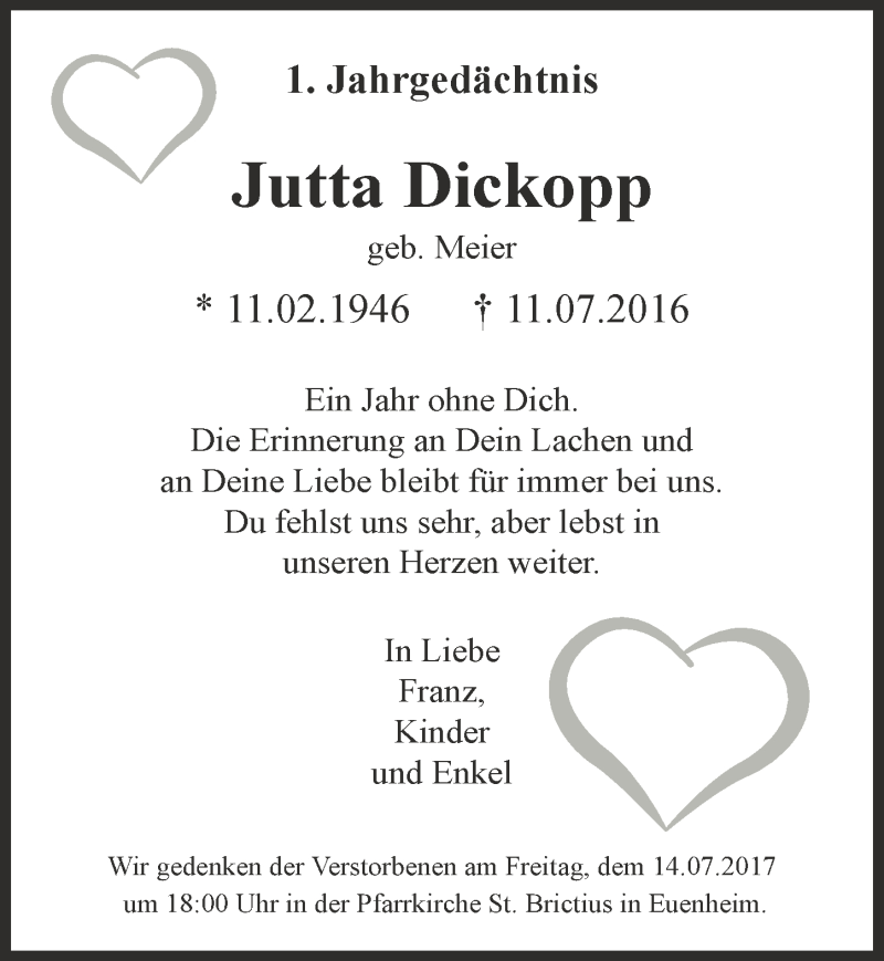  Traueranzeige für Jutta Dickopp vom 08.07.2017 aus  Blickpunkt Euskirchen 