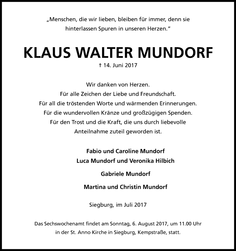  Traueranzeige für Klaus Walter Mundorf vom 22.07.2017 aus Kölner Stadt-Anzeiger / Kölnische Rundschau / Express