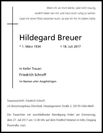 Anzeige von Hildegard Breuer von Kölner Stadt-Anzeiger / Kölnische Rundschau / Express