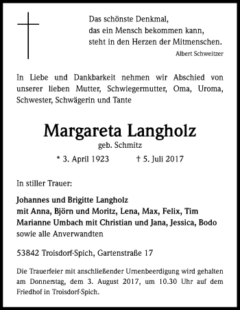 Anzeige von Margareta Langholz von Kölner Stadt-Anzeiger / Kölnische Rundschau / Express