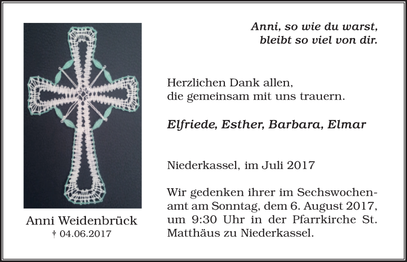  Traueranzeige für Anni Weidenbrück vom 12.07.2017 aus  Extra Blatt 