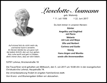 Anzeige von Lieselotte Assmann von Kölner Stadt-Anzeiger / Kölnische Rundschau / Express