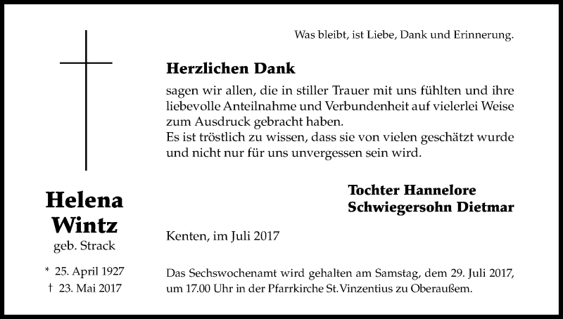  Traueranzeige für Helena Wintz vom 15.07.2017 aus Kölner Stadt-Anzeiger / Kölnische Rundschau / Express