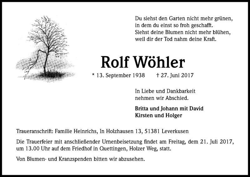  Traueranzeige für Rolf Wöhler vom 08.07.2017 aus Kölner Stadt-Anzeiger / Kölnische Rundschau / Express