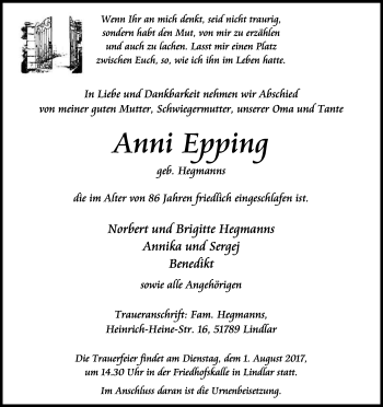 Anzeige von Anni Epping von Kölner Stadt-Anzeiger / Kölnische Rundschau / Express