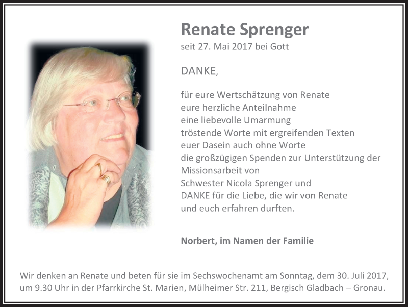  Traueranzeige für Renate Sprenger vom 26.07.2017 aus  Bergisches Handelsblatt 