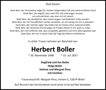 Anzeige von Herbert Boller von Kölner Stadt-Anzeiger / Kölnische Rundschau / Express