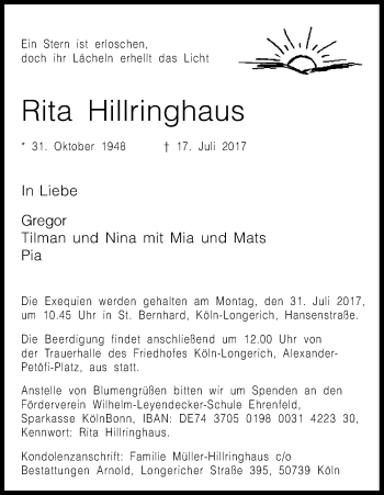 Anzeige von Rita Hillringhaus von Kölner Stadt-Anzeiger / Kölnische Rundschau / Express