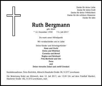 Anzeige von Ruth Bergmann von Kölner Stadt-Anzeiger / Kölnische Rundschau / Express
