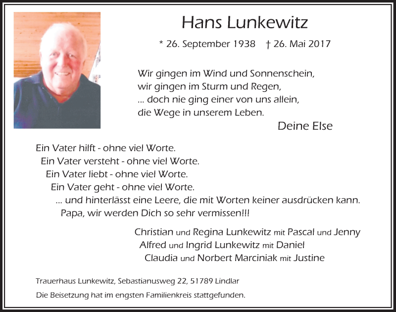  Traueranzeige für Hans Lunkewitz vom 05.07.2017 aus  Bergisches Handelsblatt 