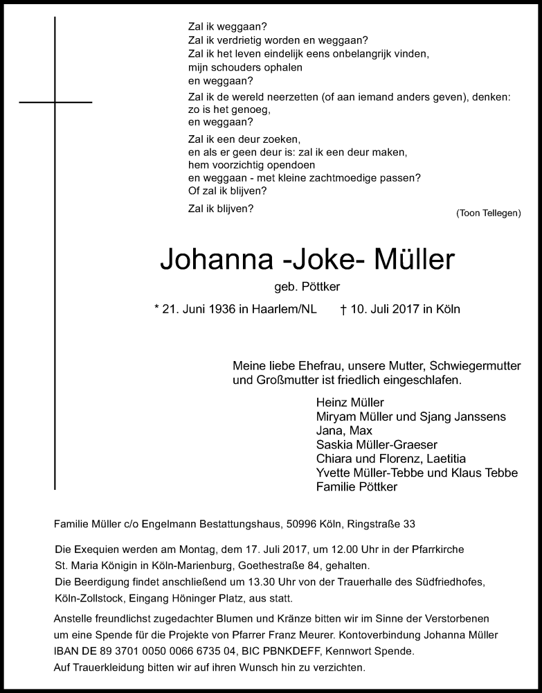  Traueranzeige für Johanna Müller vom 15.07.2017 aus Kölner Stadt-Anzeiger / Kölnische Rundschau / Express