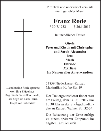 Anzeige von Franz Rode von  Extra Blatt 