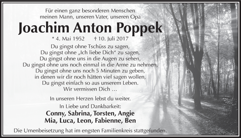  Traueranzeige für Joachim Anton Poppek vom 22.07.2017 aus  Bergisches Sonntagsblatt 