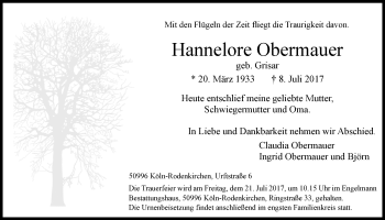 Anzeige von Hannelore Obermauer von  Kölner Wochenspiegel 