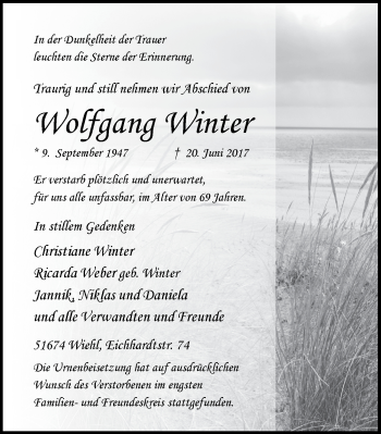 Anzeige von Wolfgang Winter von  Anzeigen Echo 
