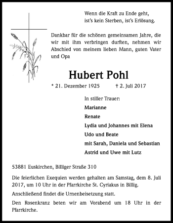 Anzeige von Hubert Pohl von Kölner Stadt-Anzeiger / Kölnische Rundschau / Express