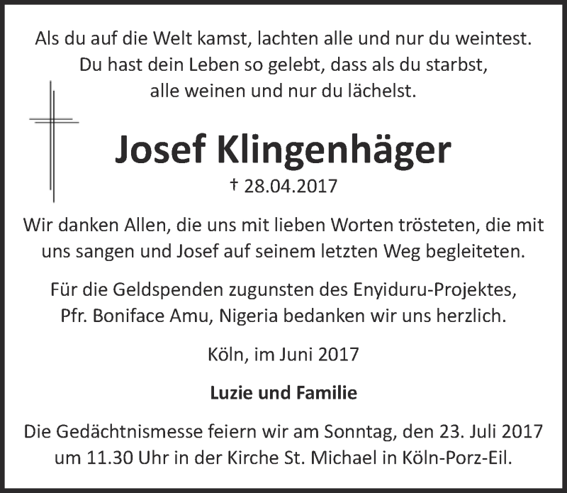  Traueranzeige für Josef Klingenhäger vom 05.07.2017 aus  Kölner Wochenspiegel 