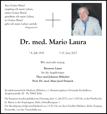 Anzeige von Mario Laura von Kölner Stadt-Anzeiger / Kölnische Rundschau / Express