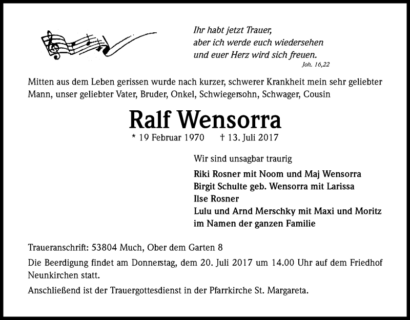  Traueranzeige für Ralf Wensorra vom 18.07.2017 aus Kölner Stadt-Anzeiger / Kölnische Rundschau / Express