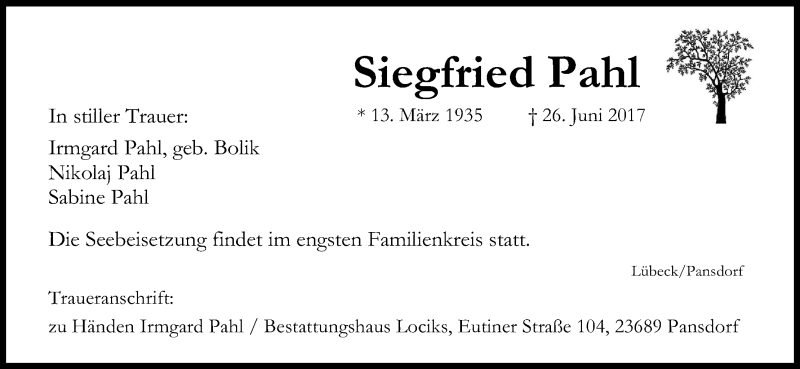  Traueranzeige für Siegfried Pahl vom 15.07.2017 aus Kölner Stadt-Anzeiger / Kölnische Rundschau / Express