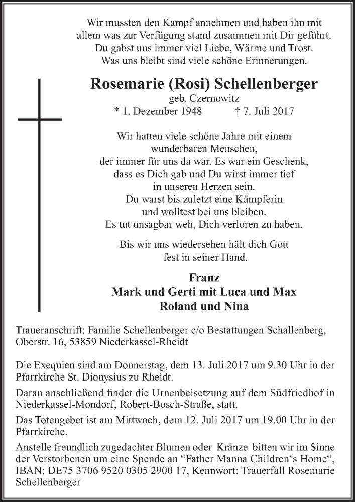  Traueranzeige für Rosemarie Schellenberger vom 12.07.2017 aus  Extra Blatt 