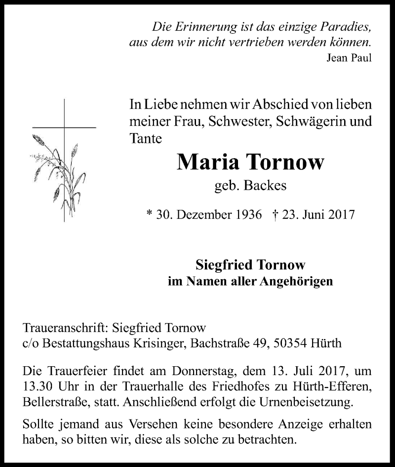  Traueranzeige für Maria Tornow vom 08.07.2017 aus Kölner Stadt-Anzeiger / Kölnische Rundschau / Express