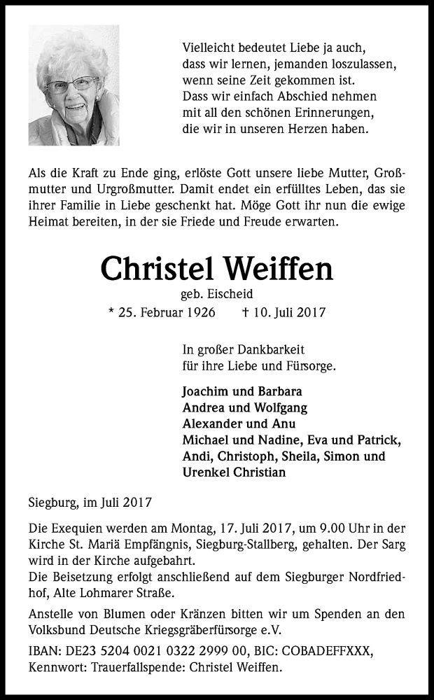 Traueranzeige für Christel Weiffen vom 14.07.2017 aus Kölner Stadt-Anzeiger / Kölnische Rundschau / Express