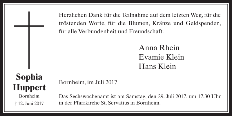  Traueranzeige für Sophia Huppert vom 19.07.2017 aus  Schaufenster/Blickpunkt 