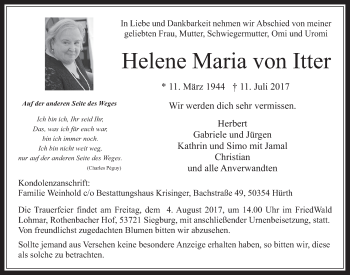 Anzeige von Helene Maria von Itter von  Wochenende 