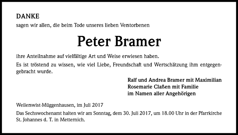  Traueranzeige für Peter Bramer vom 08.07.2017 aus Kölner Stadt-Anzeiger / Kölnische Rundschau / Express