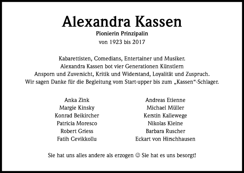 Traueranzeige für Alexandra Kassen vom 08.07.2017 aus Kölner Stadt-Anzeiger / Kölnische Rundschau / Express