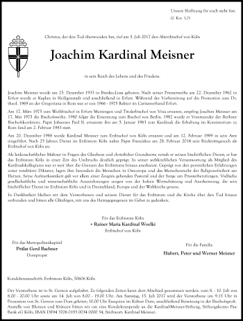 Anzeige von Joachim Meisner von Kölner Stadt-Anzeiger / Kölnische Rundschau / Express