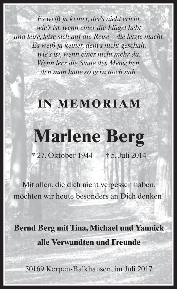  Traueranzeige für Marlene Berg vom 05.07.2017 aus  Werbepost 