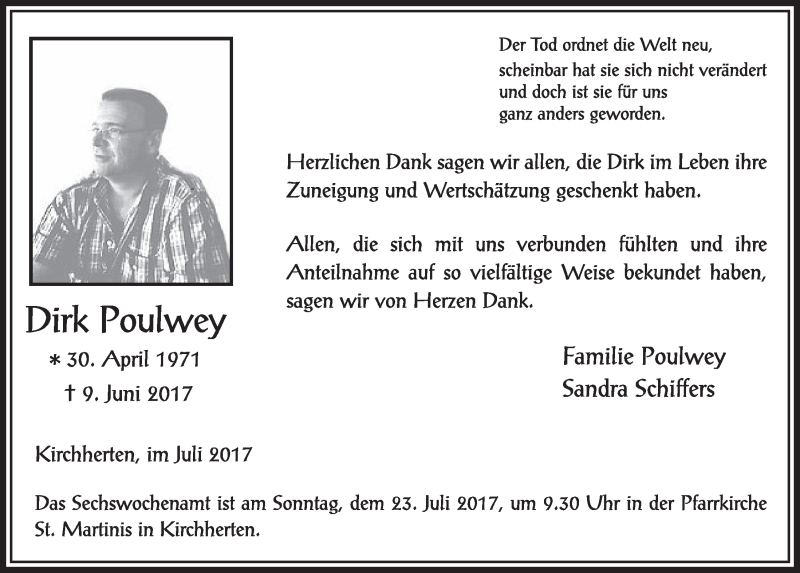  Traueranzeige für Dirk Poulwey vom 15.07.2017 aus  Sonntags-Post 