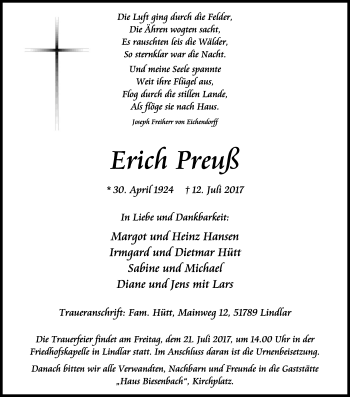 Anzeige von Erich Preuß von Kölner Stadt-Anzeiger / Kölnische Rundschau / Express