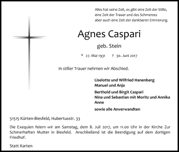 Anzeige von Agnes Caspari von Kölner Stadt-Anzeiger / Kölnische Rundschau / Express
