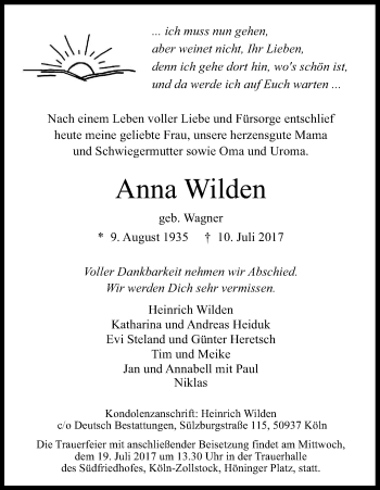 Anzeige von Anna Wilden von Kölner Stadt-Anzeiger / Kölnische Rundschau / Express