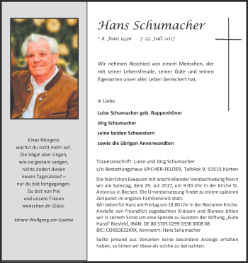 Anzeige von Hans Schumacher von Kölner Stadt-Anzeiger / Kölnische Rundschau / Express