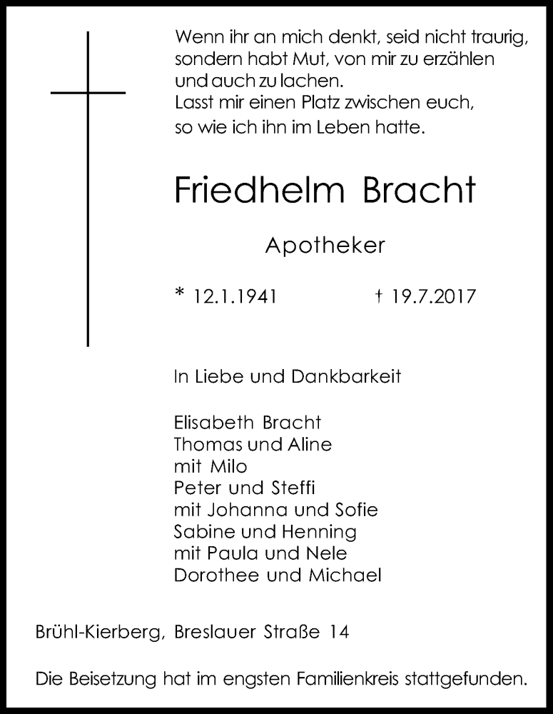  Traueranzeige für Friedhelm Bracht vom 26.07.2017 aus Kölner Stadt-Anzeiger / Kölnische Rundschau / Express