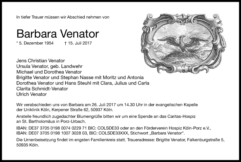  Traueranzeige für Barbara Venator vom 22.07.2017 aus Kölner Stadt-Anzeiger / Kölnische Rundschau / Express