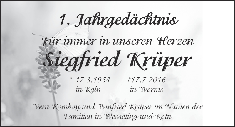  Traueranzeige für Siegfried Krüper vom 26.07.2017 aus  Kölner Wochenspiegel 