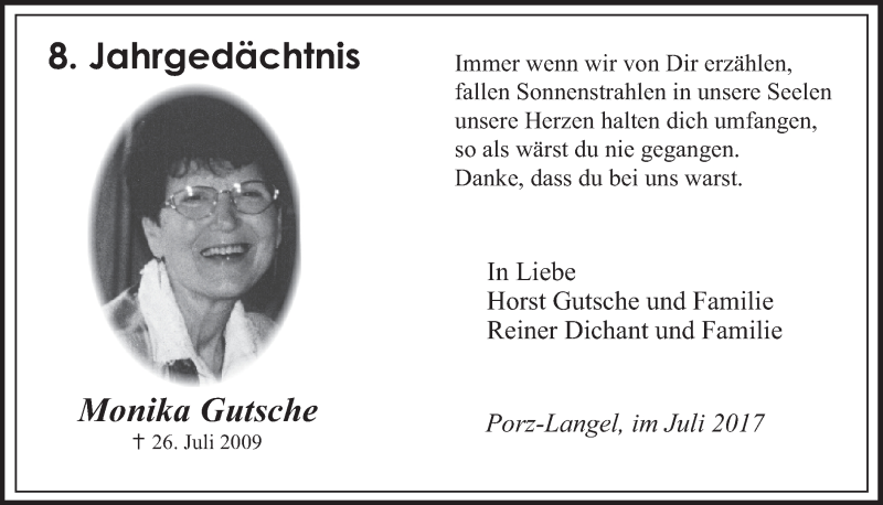  Traueranzeige für Monika Gutsche vom 26.07.2017 aus  Kölner Wochenspiegel 