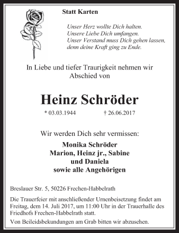 Anzeige von Heinz Schröder von  Wochenende 