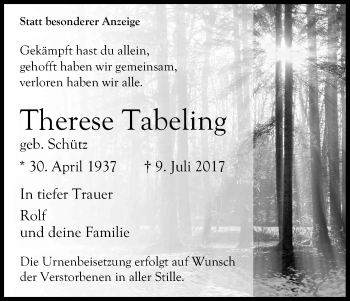 Anzeige von Therese Tabeling von Kölner Stadt-Anzeiger / Kölnische Rundschau / Express